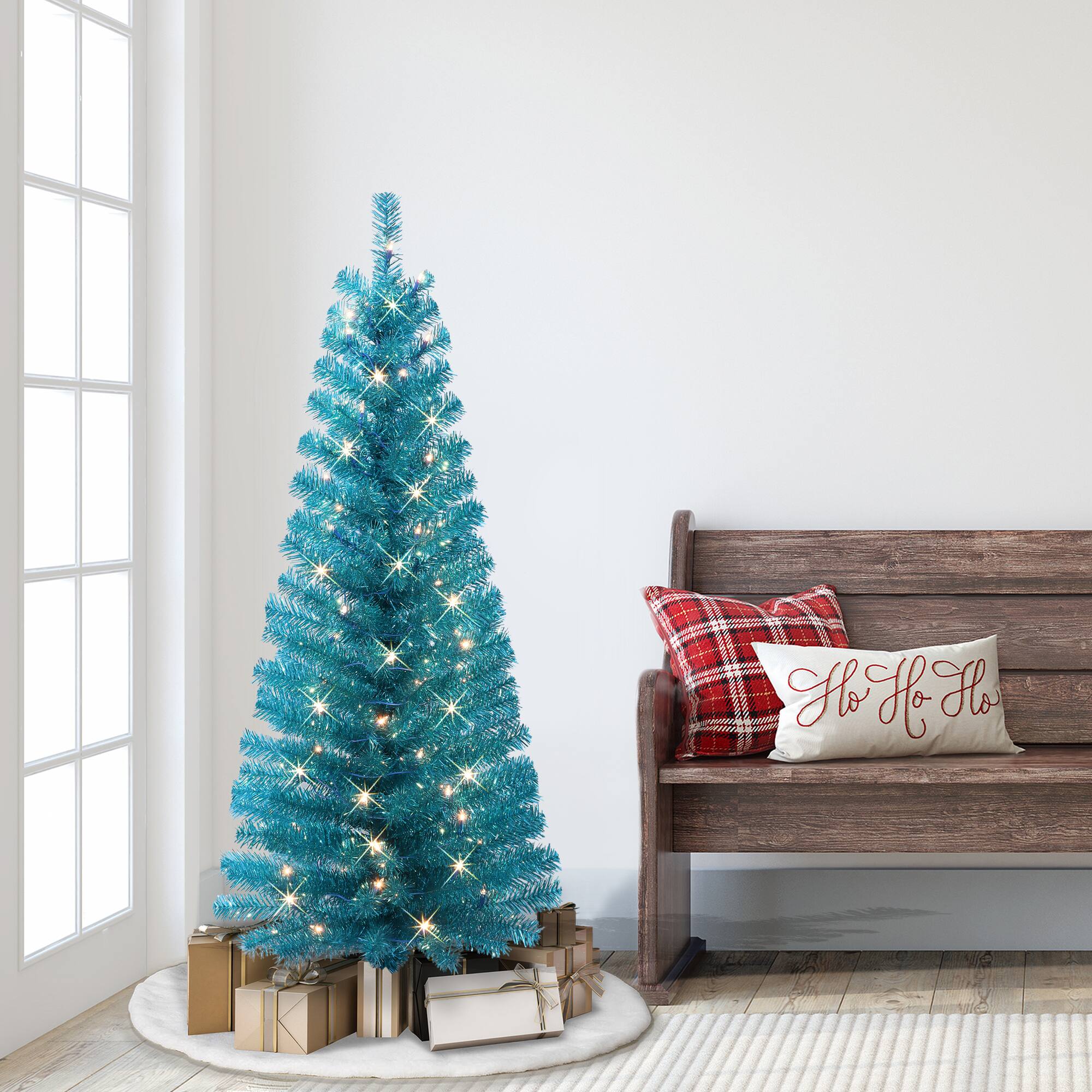 4.5ft. Pre-Lit Teal Tinsel Artificial Tree, Clear Lights